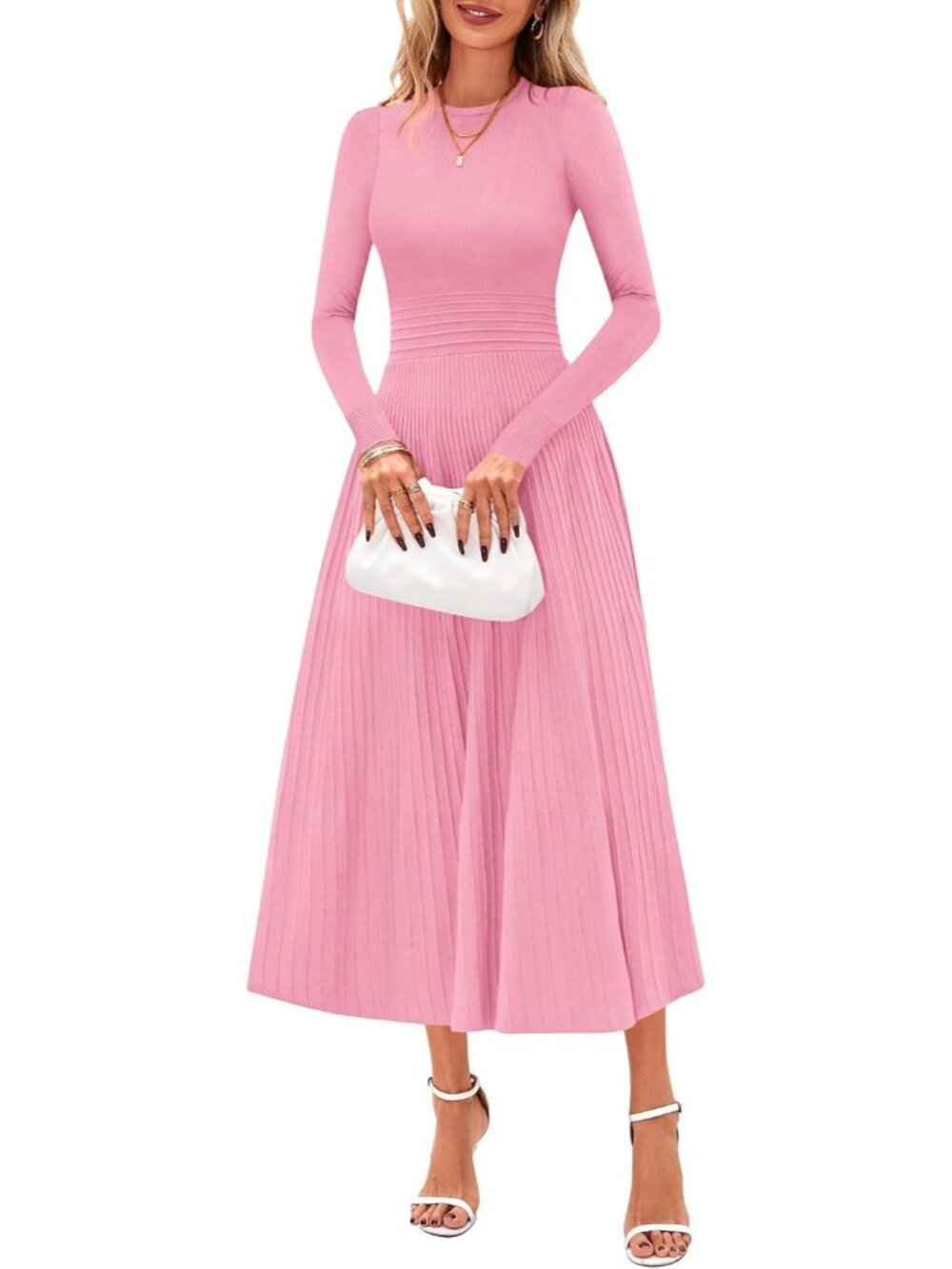 Women's Pink Long Sleeve Knit Slim Fit A Line Sweater Wedding Guest Maxi Dresses